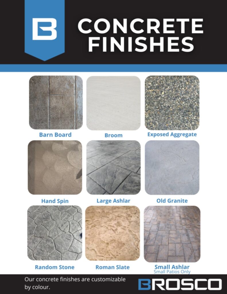 Brosco Concrete finishes chart showing the nine stamp patterns: Barn Board, Broom, Exposed Aggregate, Hand Spin, Large Ashlar, Old Granite, Random Stone, Roman Slate and Small Ashlar
