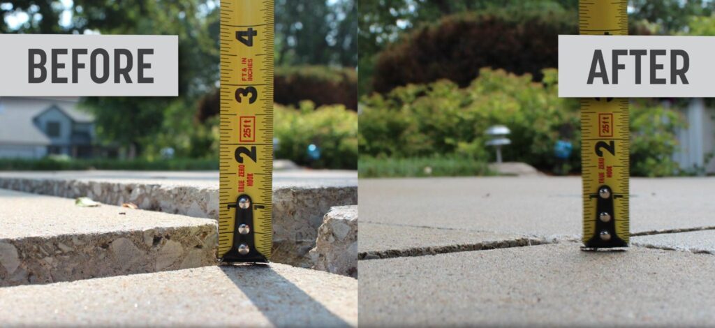 Before and after concrete raising and levelling, measured with a tape measure