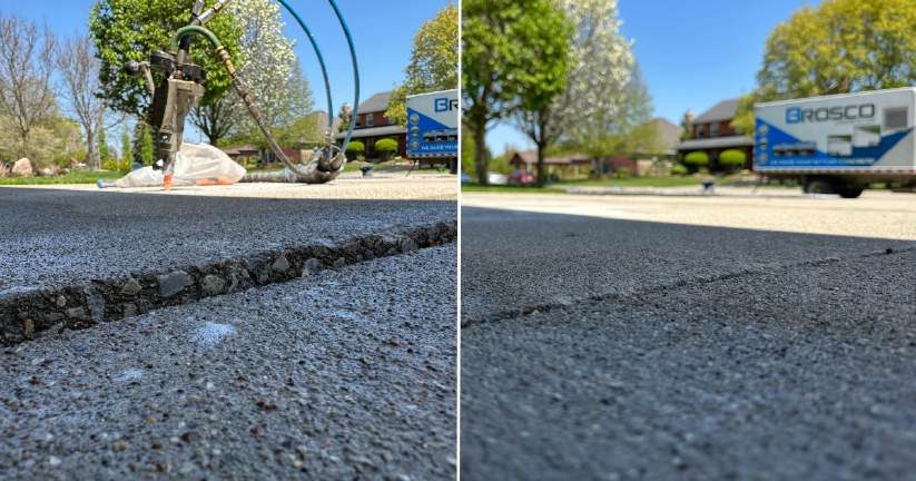 Concrete driveway edge before and after polyurethane levelling