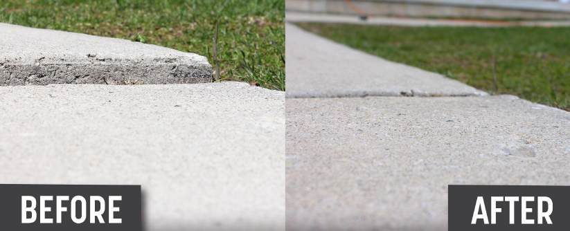 Concrete sidewalk before and after polyurethane levelling