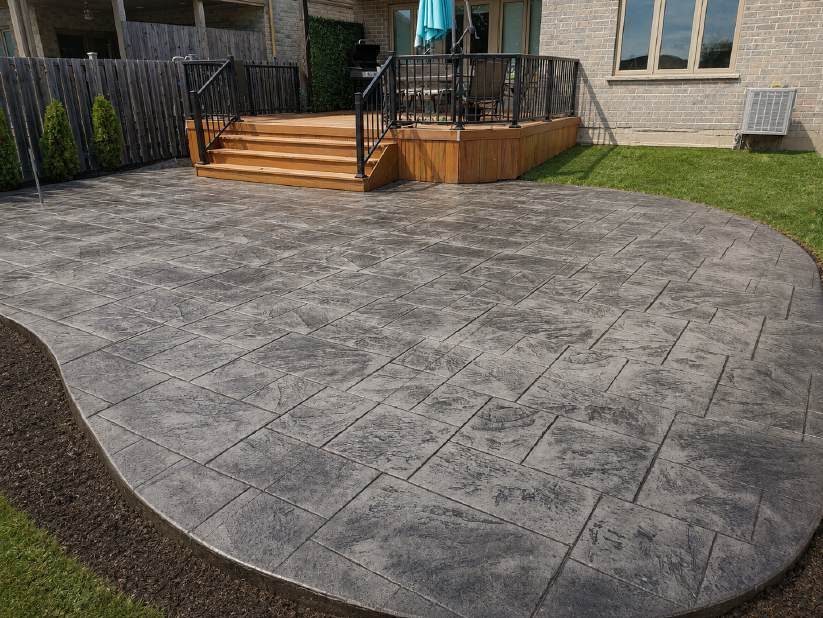 Stamped concrete patio with a curved edge